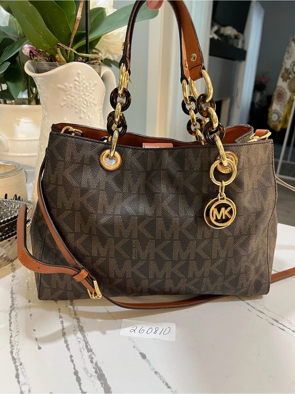 Michael Kors Brown MK Signature Shoulder Bag with Gold Hardware